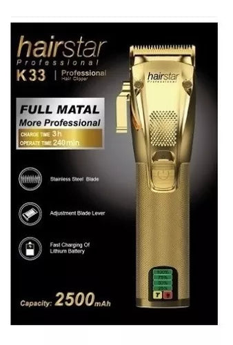 Clipper Hairstar K33 Dorada Inalámbrica - Máquina de Corte Profesional