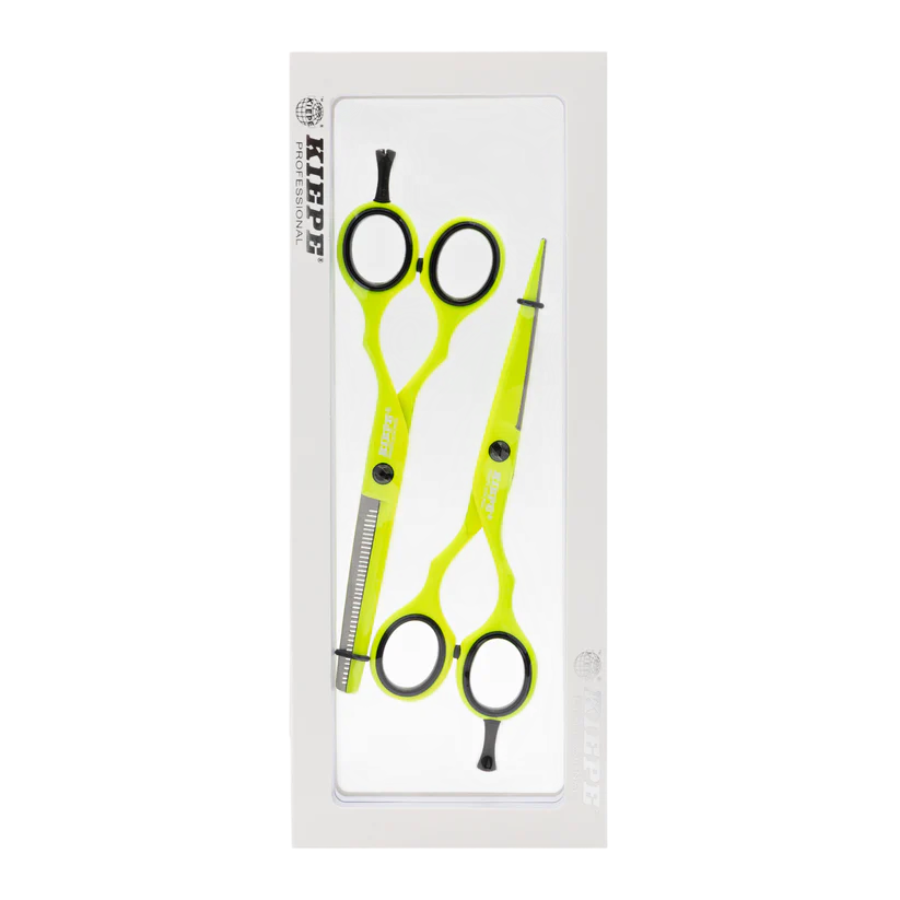 Set de Tijeras Kiepe Lime 5.5" Corte y Entresacadora | tiendadelbarbero.net